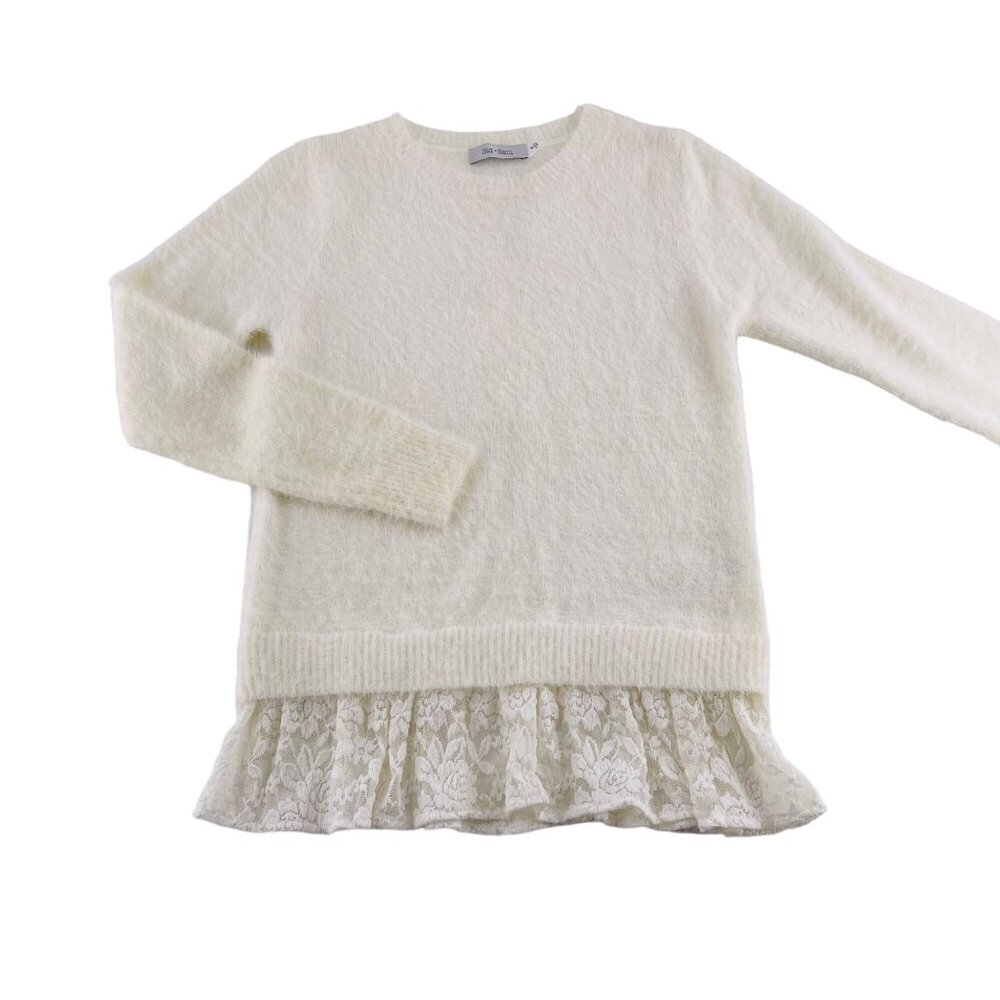 Sid + Sam Ivory Knit Sweater With Lace Ruffled Hem Womens size Medium Pullover‎